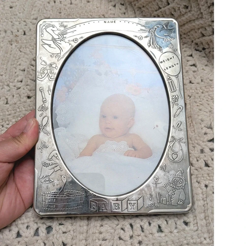 Vintage Silver Tone Baby Photo Album Frame Embossed Nursery Stork 6x8